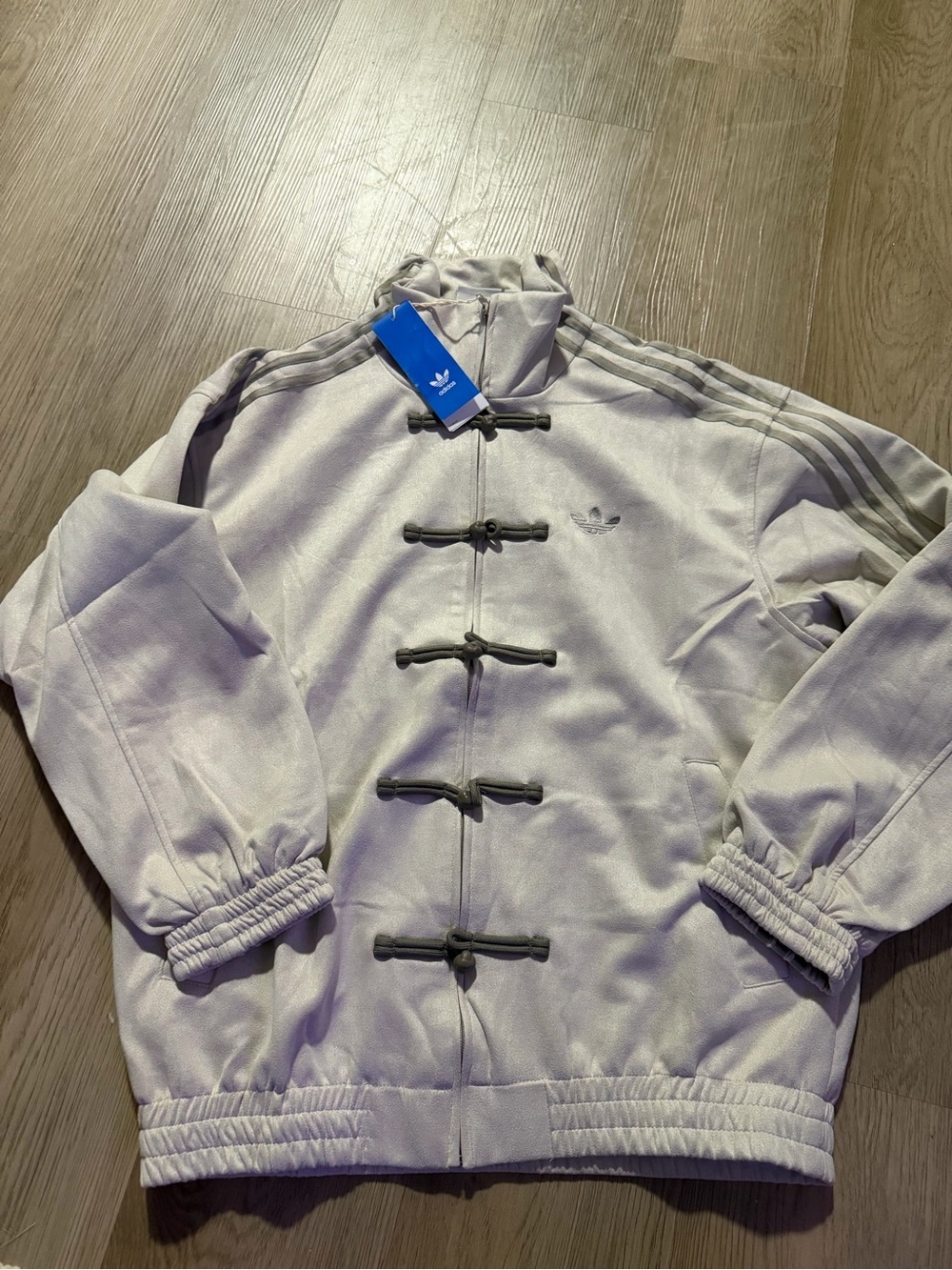 adidas Light Gray Varsity Jacket with Dark Gray Toggle Closures - Picture 3 of 5